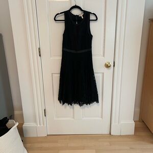 Rebecca Taylor Elegant Black Lace Fit & Flare Dress with leather waist detail